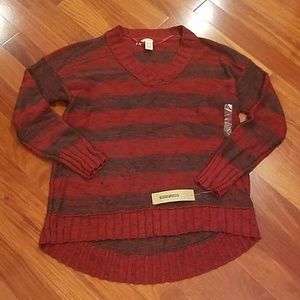 NWT DKNY CRIMSON GRAY STRIPED HI LOW SWEATER XL